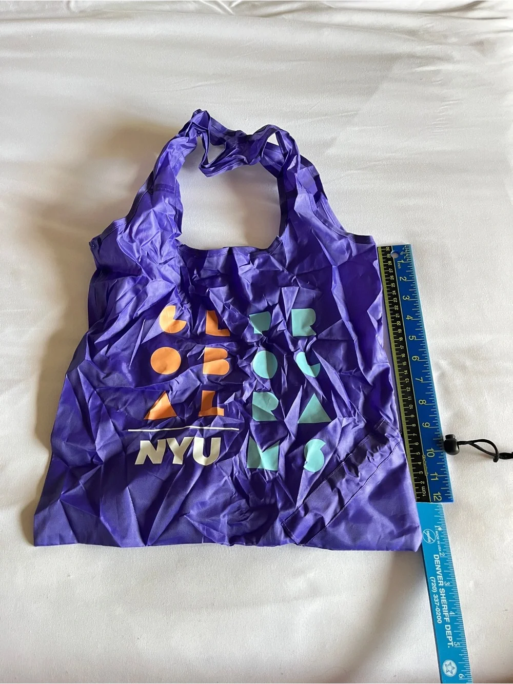 NYU Purple Nylon Packable Reusable Shopping Tote Bag Drawstring Pouch Blue 12x12